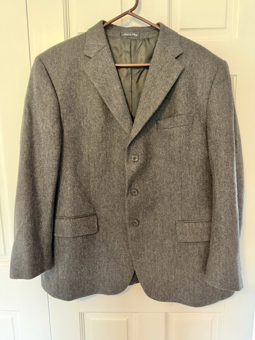 Angelico 100% Virgin Wool Blazer 48R Gray Herringbone Sport Coat Italy